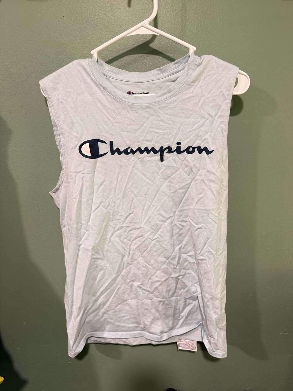 Champion Classic Jersey Muscle T-Shirt Size M Light Blue Script Logo